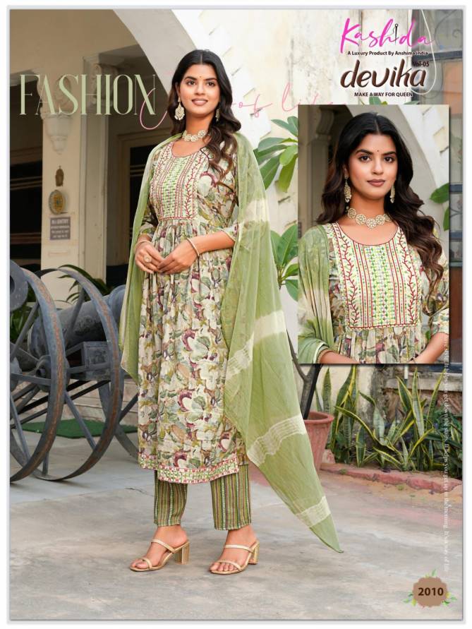 Devika Vol 5 By Kashida Capsule Foil Printed Naira Cut Kurti With Bottom Dupatta Wholesale Online